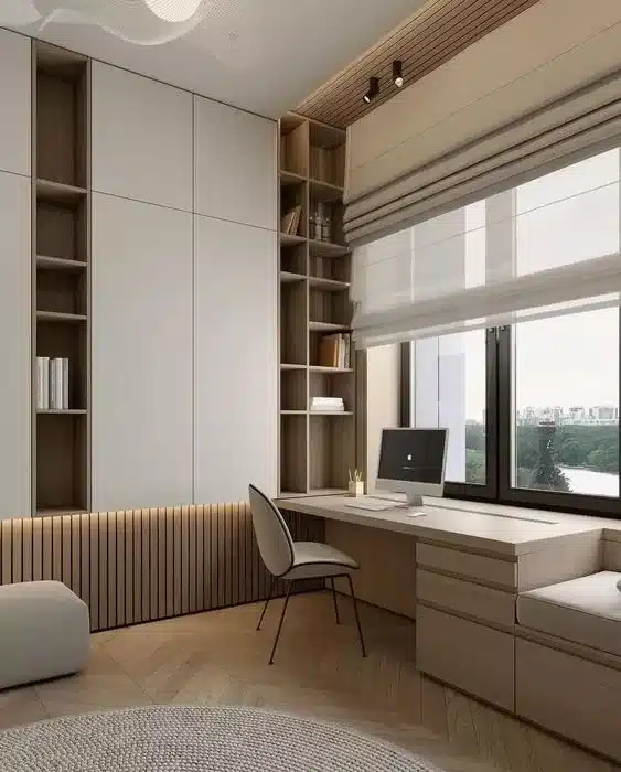 minimalist çalışma odası, depolama alanları